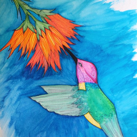 Painting Hummingbird and Flowers Watercolors Ink - Picture 1 of 16